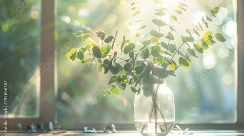 A glass vase filled with eucalyptus leaves sits on a table  with sunlight illuminating the arrangement