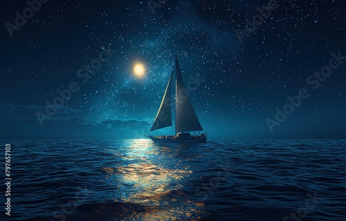 sailing boat in the sea at night, the sky is clear and full of stars and the sea water is calm