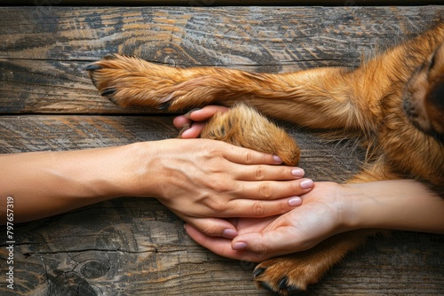 Persons gentle gesture, holding the dogs paws with care