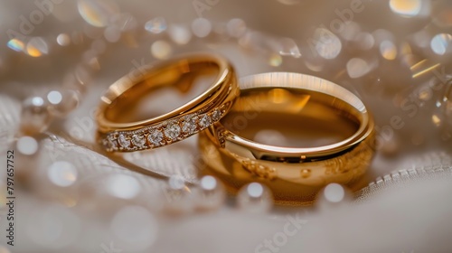 a pair of golden wedding rings or engagement rings for couples © Beny