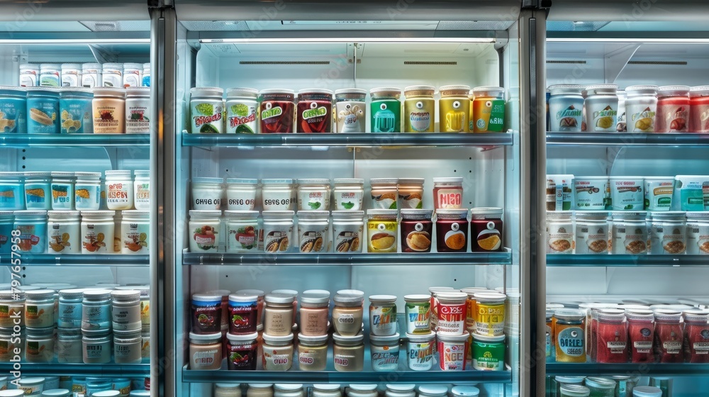 A refrigerator packed with an assortment of food and drinks including yogurt, fruits, vegetables, beverages, and snacks