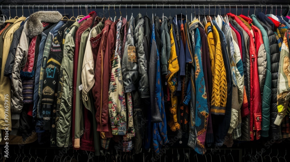 A wide-angle shot of a closet with a rack filled with shirts, pants, and jackets