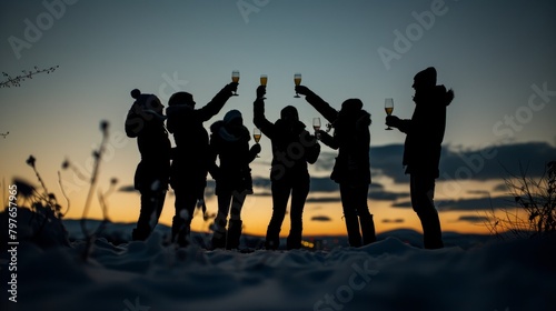 Silhouetted group of friends standing together outdoors, holding wine glasses, against a snowy backdrop