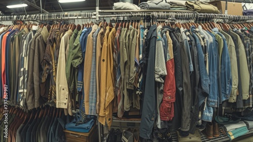 A wide-angle shot of a clothing rack filled with various garments, including shirts, pants, and jackets, in a clothing store