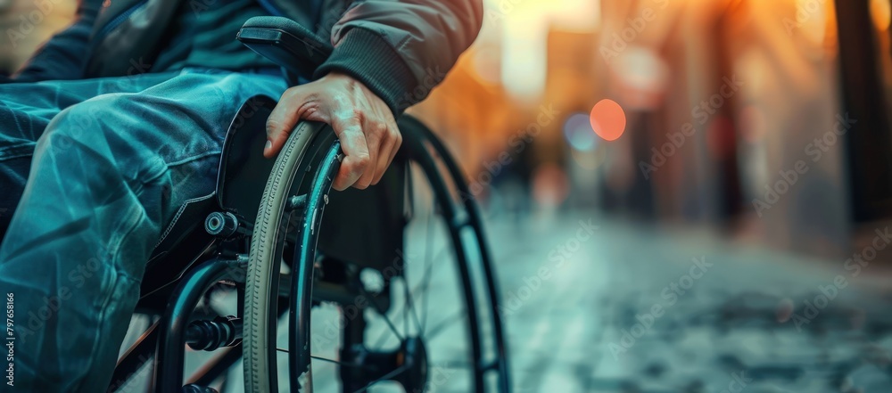 Closeup of young man in wheelchair with blurred sunlight background. Generate AI image Closeup of young man in wheelchair with blurred sunlight background. Generate AI image