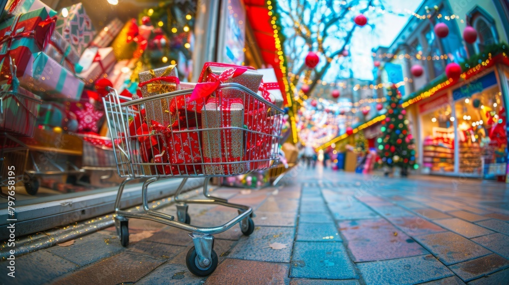 A shopping cart packed with Christmas presents stands on a bustling street adorned with holiday decorations and storefront displays