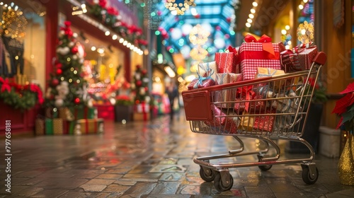 Shopping cart filled with presents in a mall, in front of a festive storefront display, capturing the spirit of holiday shopping
