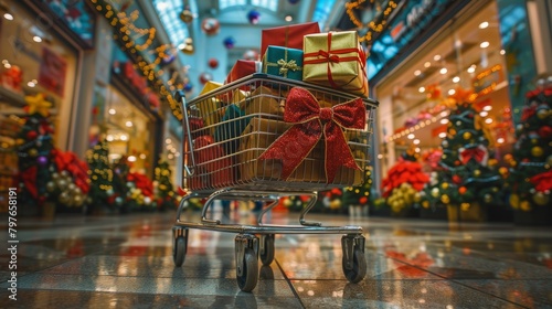 A filled shopping cart stands in a mall  loaded with presents in front of a festive store display