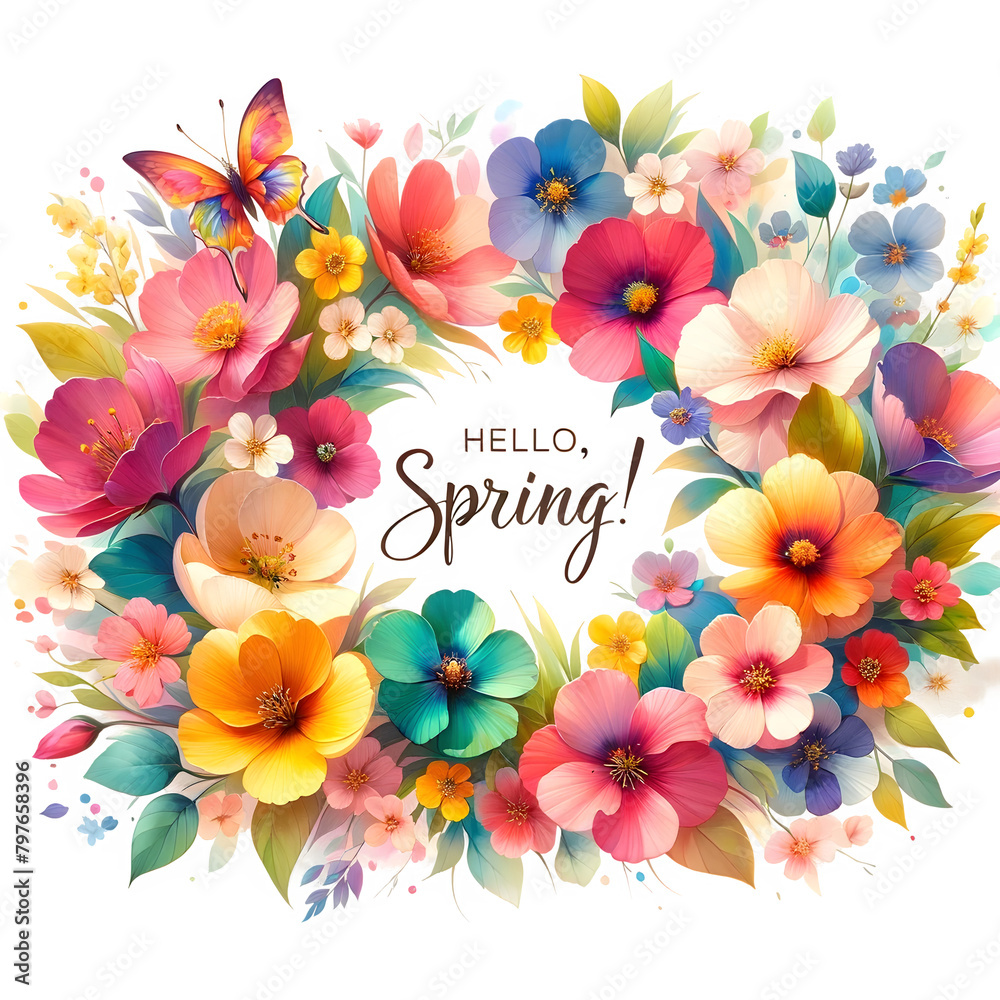 welcome spring,  blooming flowers, Hello, Spring!, generative ai, pastel watercolor, floral, illustration, blossom, modern artistic, vibrant color, springtime 

