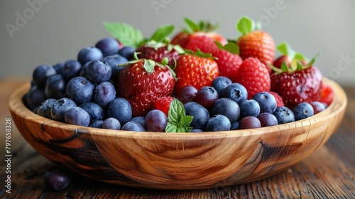 Wooden Bowl With Blueberries and Strawberries. Generative AI