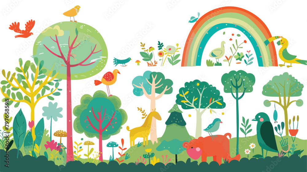 Vector illustration of forest or park with animals 