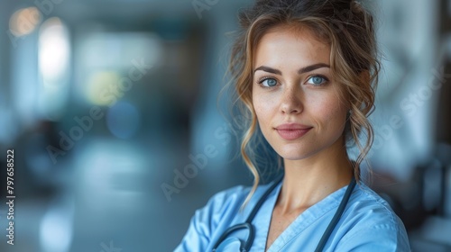 Woman With Stethoscope Standing in Hospital. Generative AI