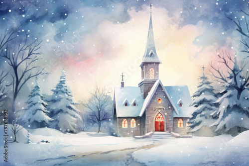 A quaint old stone church warmly lit for Midnight Mass, as a serene snowfall blankets the peaceful winter night in a cartoon watercolor scene. © PhotoLand 639