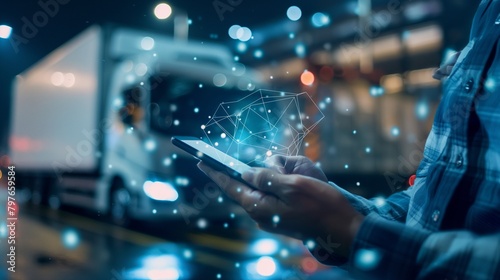 The logistics and transportation concept involves businesspeople utilizing smartphones that display virtual supply chain icons, logistic management, and resource organization and control to satisfy 