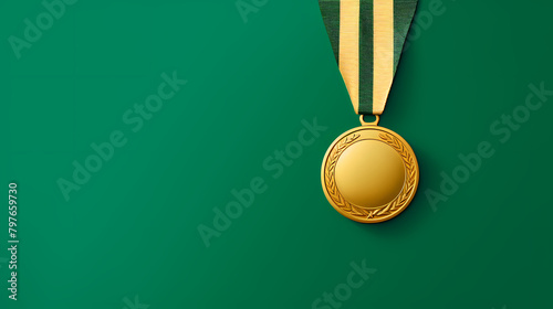 Gold medal with ribbon on green background