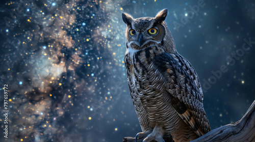 The image is a painting of an owl with brown and black feathers and yellow eyes. The owl is perched on a branch in front of a starry night sky.