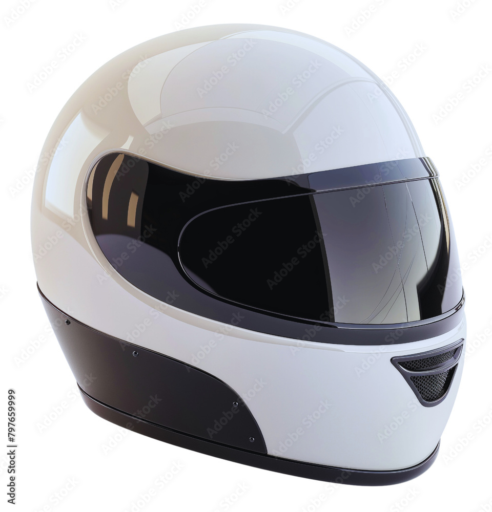 A modern white motorcycle helmet with black and grey accents on a black background.
A modern white motorcycle helmet with black and grey accents on a black background.