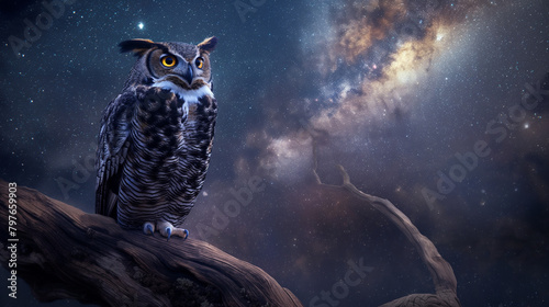 An owl with dark brown and white feathers is perched on a branch in front of a starry night sky.