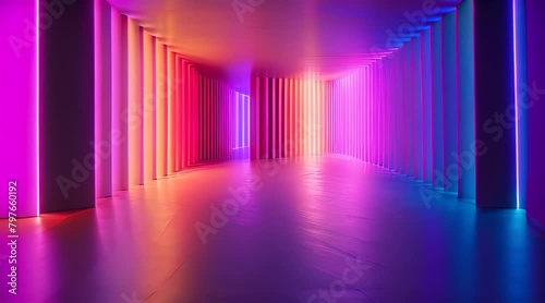Abstract beautiful empty hallway adorned with neon lights along the canvas wall, creating serene and inviting atmosphere photo
