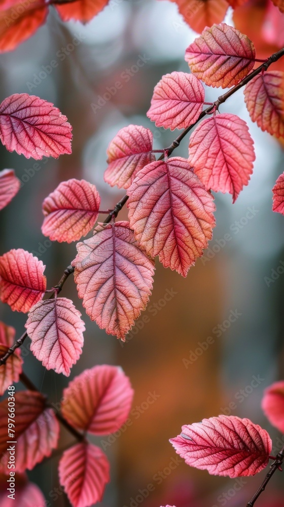 A close up of a leafy branch with red and pink leaves, AI A close up of a leafy branch with red and pink leaves, AI