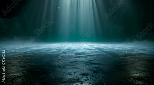 Light from above shines down into the dark, empty room, casting shadows and wisps of smoke, creating an atmosphere filled with mystery and intrigue photo