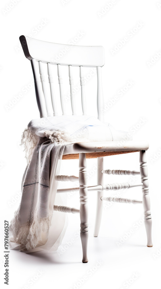 A bunch of things are lying on a chair, a mess. White background, isolate. AI generated. A bunch of things are lying on a chair, a mess. White background, isolate. AI generated.