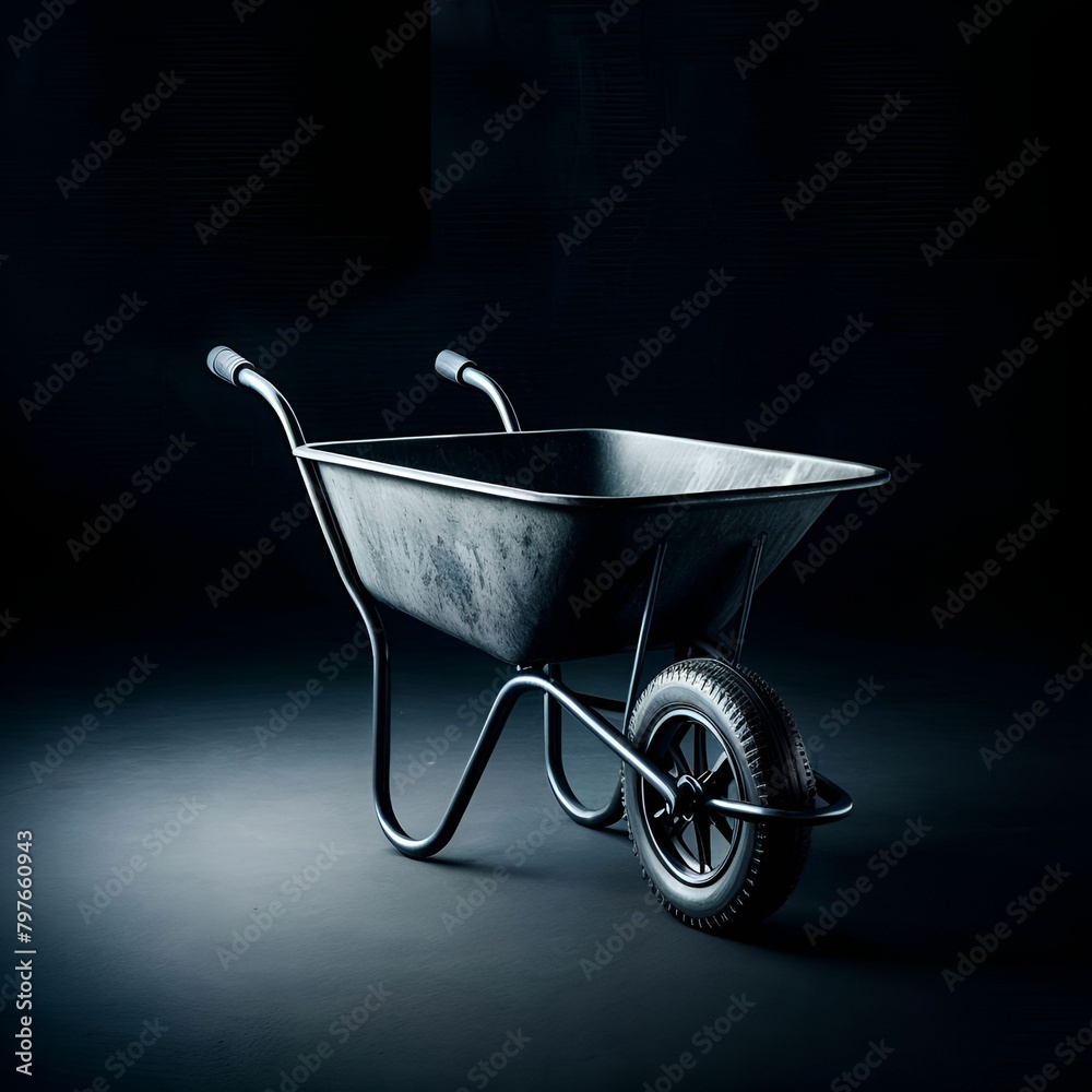 A solitary wheelbarrow on a black surface with a dim backdrop A solitary wheelbarrow on a black surface with a dim backdrop
