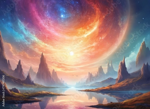 Fantasy landscape with planet and galaxy. 3d rendering illustration.