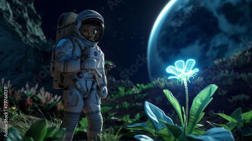 An astronaut is standing in a field of glowing flowers.