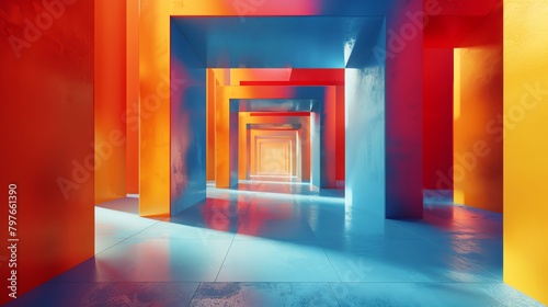 Explore dynamic color contrasts and spatial depth in a frontal view abstract composition Utilize innovative lighting techniques to play with shadows and highlights for a striking visual impact