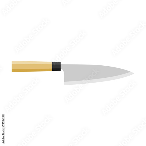 Deba bocho, Japanese kitchen knife flat design vector illustration isolated on white background. A traditional Japanese kitchen knife with a steel blade and wooden handle.