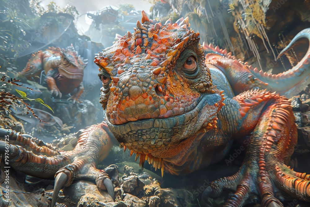 Immerse viewers into a fantastical realm with a wide-angle view of mythical creatures in a virtual reality setting, captured from unexpected camera angles, blending CG 3D with a touch of photorealisti Immerse viewers into a fantastical realm with a wide-angle view of mythical creatures in a virtual reality setting, captured from unexpected camera angles, blending CG 3D with a touch of photorealisti
