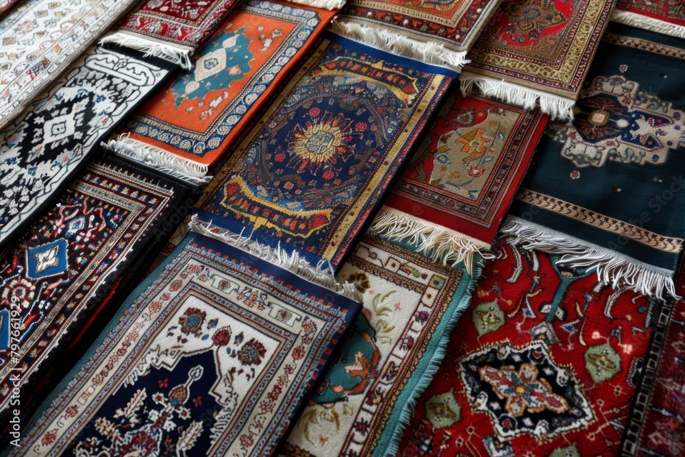 a variety of rugs with different patterns, religion, prayer, Islam