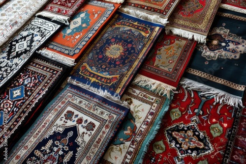 a variety of rugs with different patterns, religion, prayer, Islam