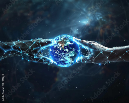 Hands touching, fingers directly pointed at each other, connected by a stream of Ethernet cables enveloping the globe photo