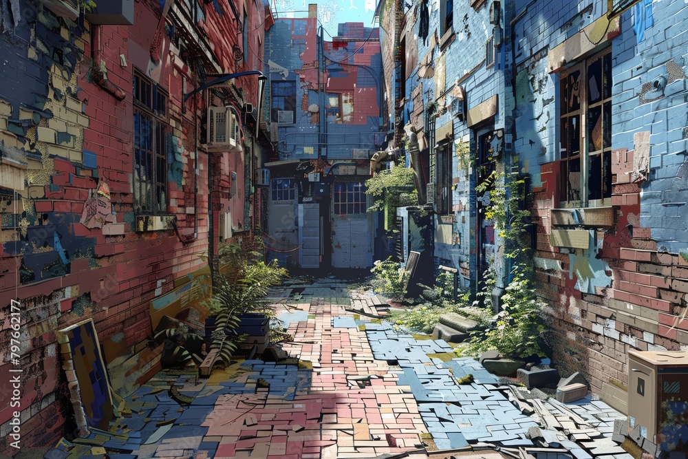 Fototapeta premium Craft a digital oil painting of a mysterious back-alley in an augmented reality world Incorporate unexpected camera angles to reveal hidden details, like glitching holograms and lurking shadows