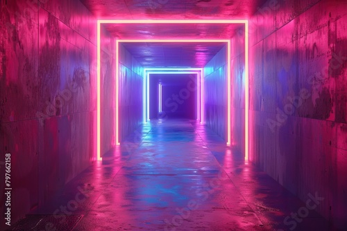 A dark, futuristic tunnel with bright pink and blue neon lights.