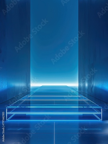 A glowing blue platform in a dark blue room.