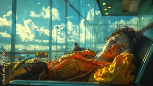 Travelers adapt to flight delays by catching some shut-eye at the airport, finding solace in bri photo