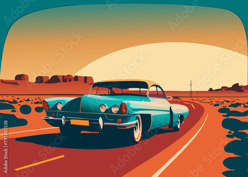 Classic car on highway in desert. Vector illustration.
