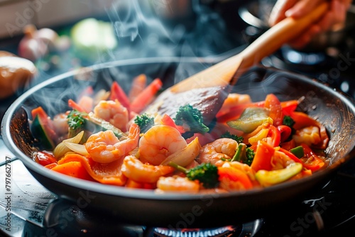 Seafood and vegs cooking in a pan. A wooden spoon is ready to stir the food. Some steam comes from the food. Kitchen concept