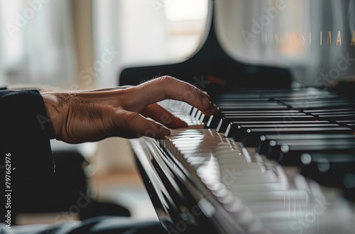 A person playing the piano, closeup of hands on keys, simple background, white walls in the b