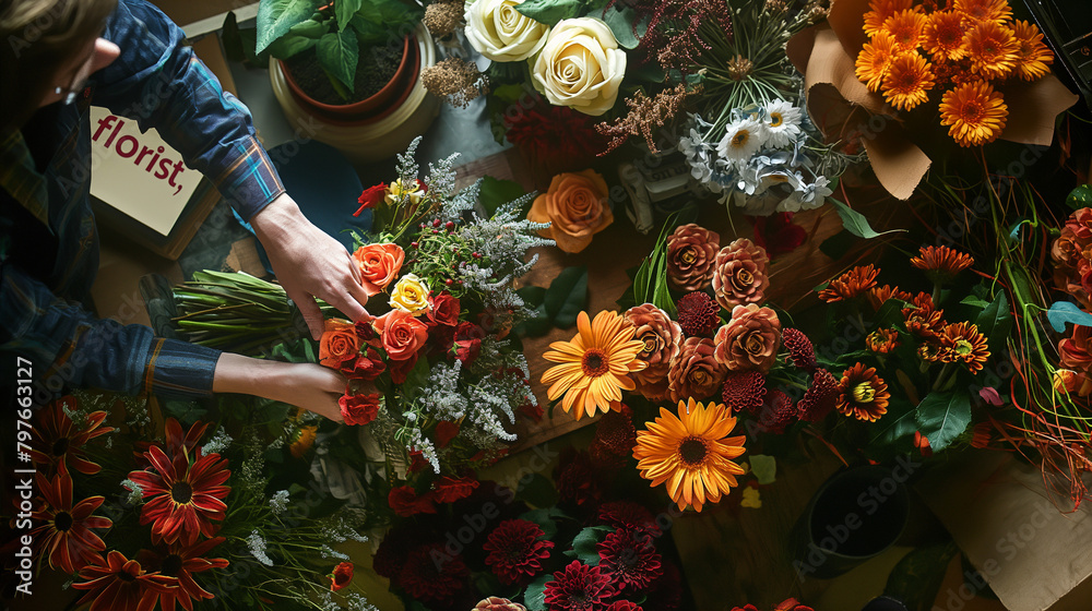  a florist arranging a bouquet of flowers. There are many different types of flowers in the bouquet, including roses, lilies, and chrysanthemums.