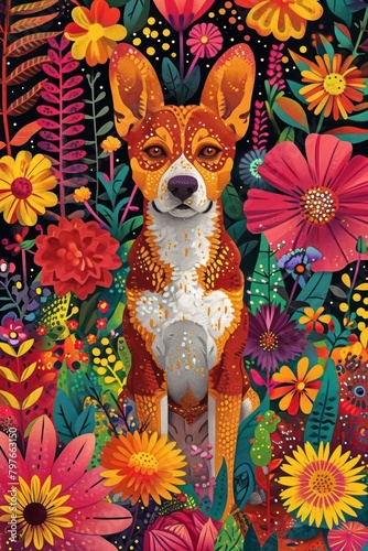 flat illustration of Basenji dog with calming colors photo