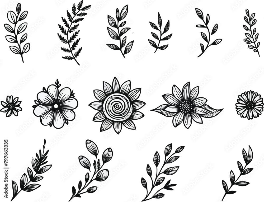 A collection of black and white flowers and leaves, Hand drawn flower sketch line art generative ai A collection of black and white flowers and leaves, Hand drawn flower sketch line art generative ai