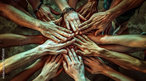 People of different races put their hands together as a sign of cooperation.