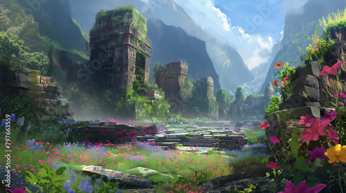  beautiful landscape with a city built on a cliff. The city is surrounded by mountains and there are many flowers in the foreground. The sky is blue and there are some clouds.