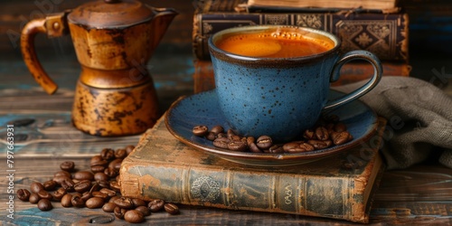  A cup of coffee on a saucer with coffee beans spilled on the table and an old book. Behind the cup is a vintage coffee maker.