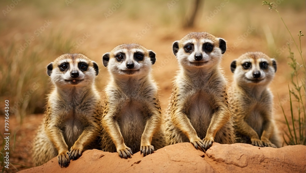 Four meerkats are sitting in a row on a tan patch of ground. Four meerkats are sitting in a row on a tan patch of ground.