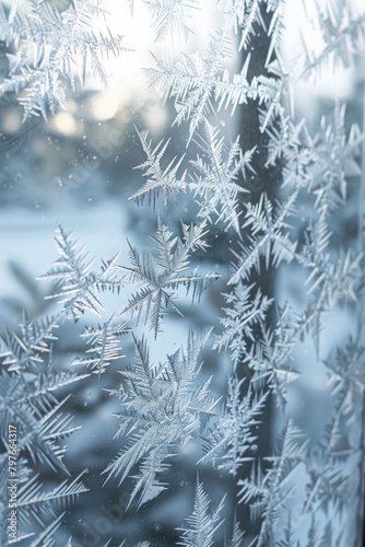 The textured surface of a frost-covered windowpane features intricate frost patterns and icy formations. Frosty window textures offer a chilly and wintery backdrop